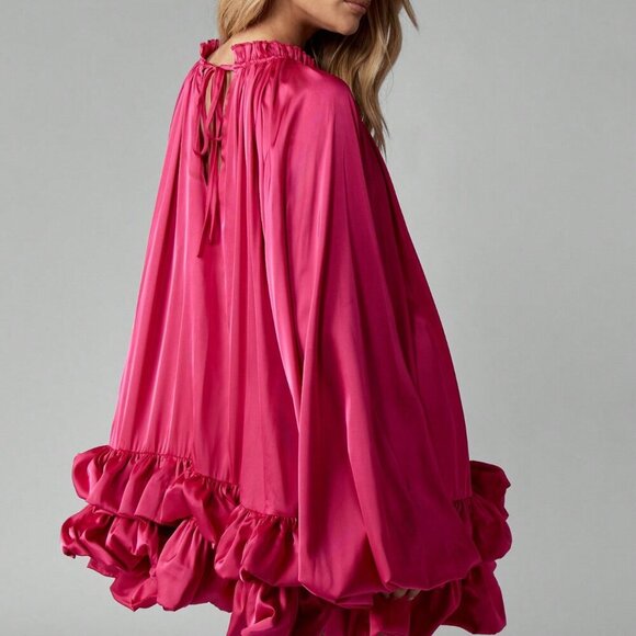 Hot Pink Party Women's Ruffle Hem High Neck Satin Elegant Mini Dress - Picture 2 of 8